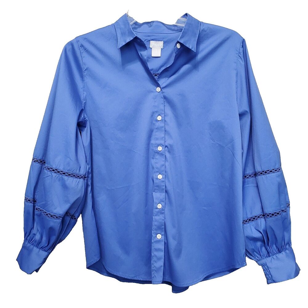 Chico's Blue Poplin Billow Sleeve Button-Up Shirt Size 3 (XL)